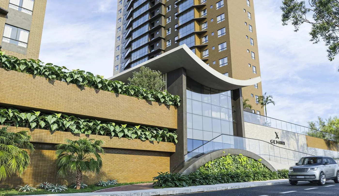Fachada do empreendimento com paisagismo
